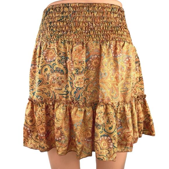 Perry Walker Collective Multi Paisley Silk Satin Ruffle Smocked A-Line Skirt S - Picture 3 of 6